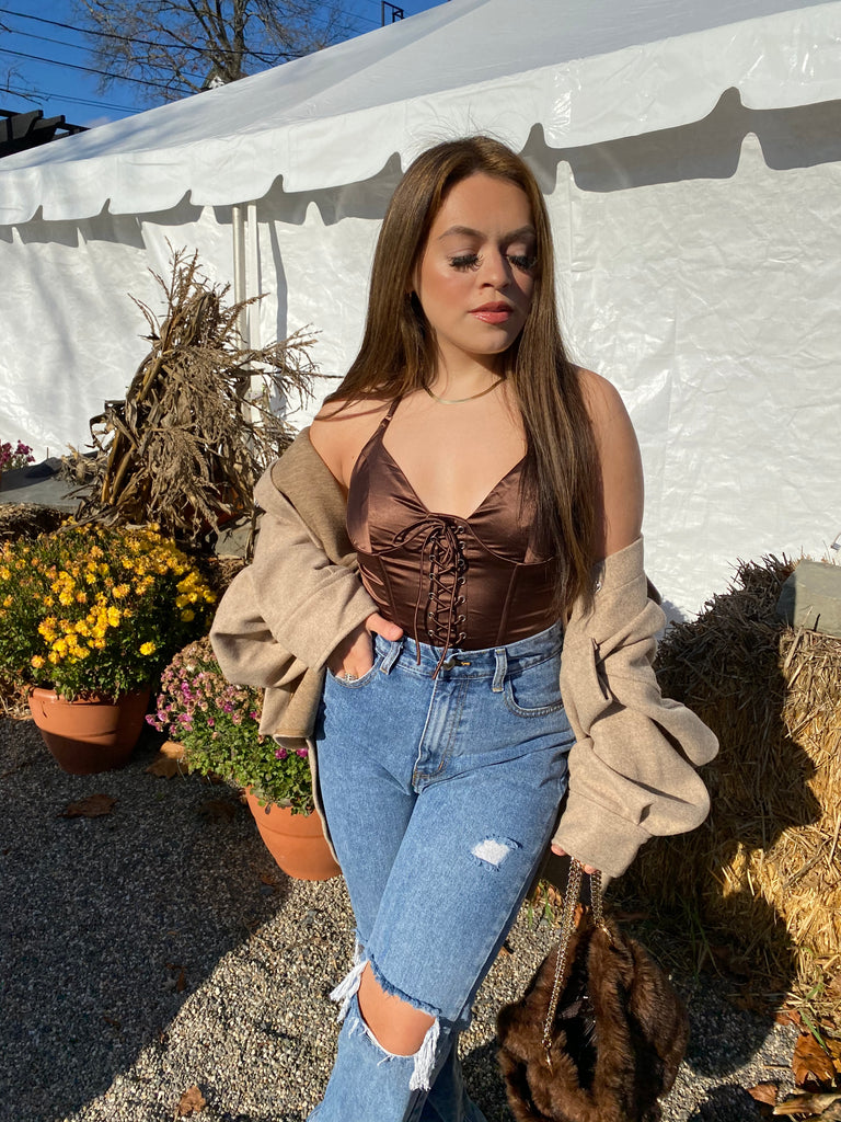 trendy corset top corset trend brown top halter corset top fall outfit inspo trendy  online clothing